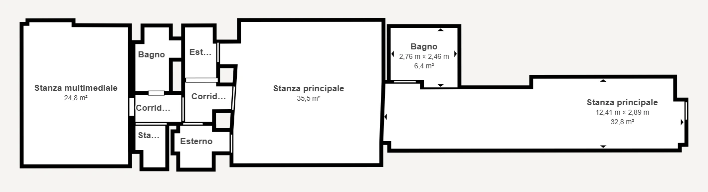 Pianta indicativa del locale con ingresso, sala centrale, servizi e ambiente sul retro